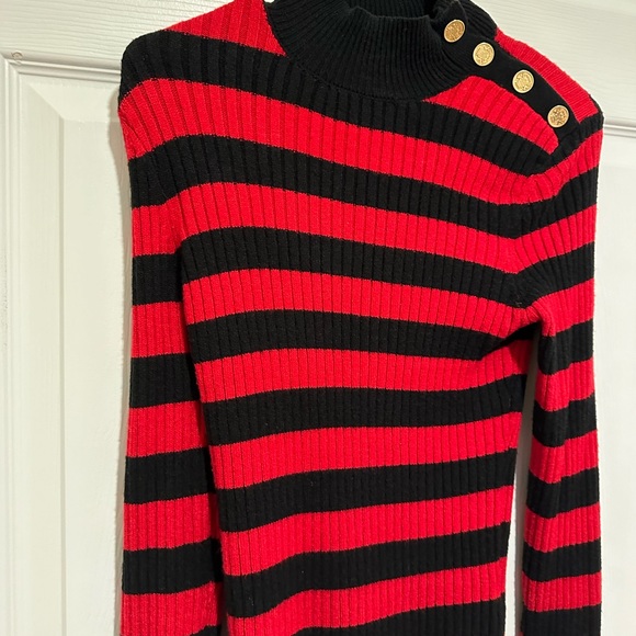 Express Striped Mock Neck Padded Shoulder Novelty Button Sweater. Size S - Picture 5 of 7